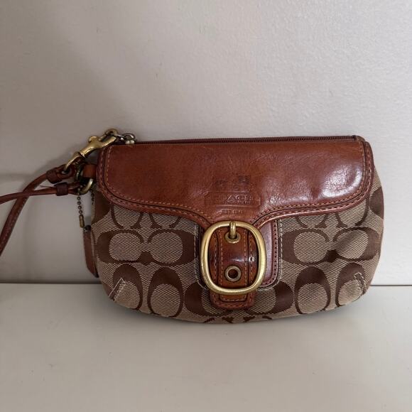 Coach Handbags - Coach Signature Jacquard Bleecker Buckle Wristlet Brown Leather Clutch Vtg Y2K